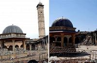  AFP photograph of Aleppo's Umayyad Mosque and its minaret (16 April 2013) and purported photograph showing mosque without minaret after its destruction (24 April 2013) 